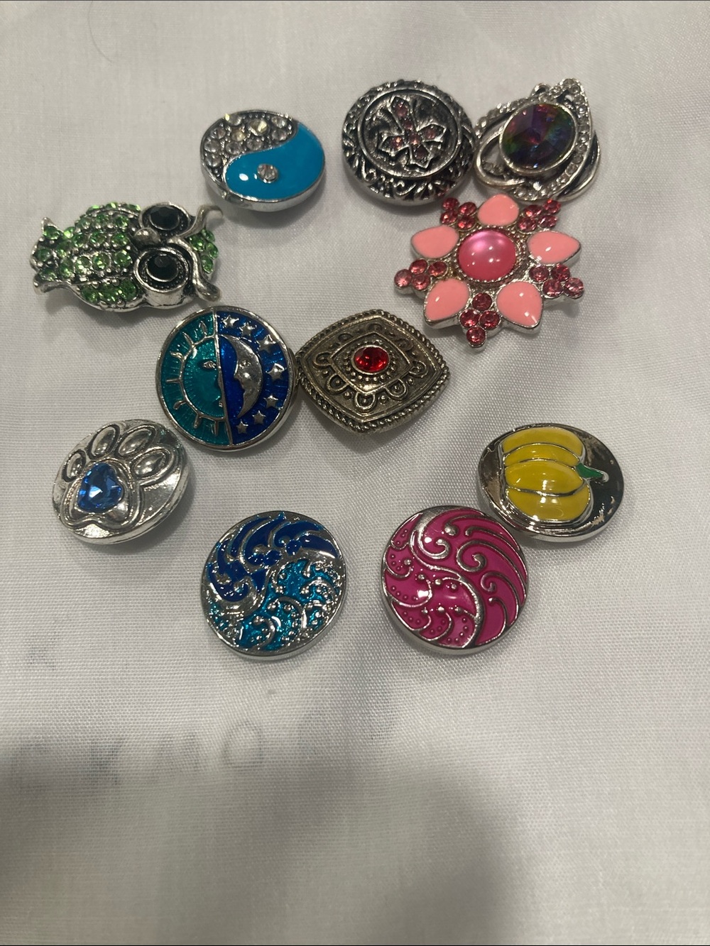 Interchangeable Flower & Gem Snap Charm Set - Pink, Blue, Green, Yellow, Silver